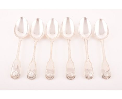 A set of six Regency silver serving spoons, hallmarked London 1816, by William Eley&nbsp;I &amp; William Fearn, fiddle, threa