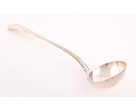 A George III silver soup ladle, hallmarked London 1819, by Richard Poulden, with an oval shaped bowl, 33cm long, 9.6 ozt / 30