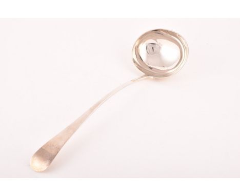 A George II silver soup ladle, hallmarked London 1749, by William Dempster, oval shaped bowl, old English pattern, engraved i