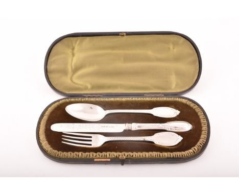 A Victorian silver fork, knife, and spoon set, with engraved decoration, hallmarked Birmingham 1868, makers mark for Thomas P