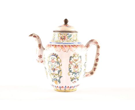 A Chinese Qianlong enamel coffee / chocolate pot or ewer, the lobed body decorated in famille rose colours with lotus scrolls