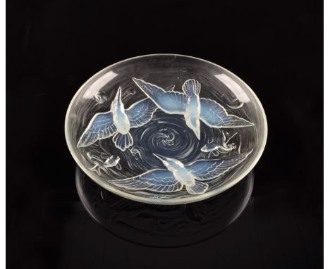 A Verlys opalescent glass bowl, decorated with birds and koi fish with exterior moulding decoration, possibly designed as a P