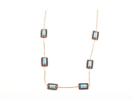 A 9ct yellow gold and opal necklace, set with six rolled opal beads each in a rectangular gold mount, connected by a fine box