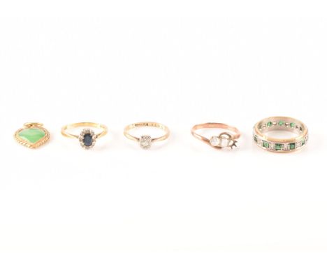 A 9ct yellow gold and green and white paste stone eternity ring, size P, together with a 9ct yellow gold and diamond single s