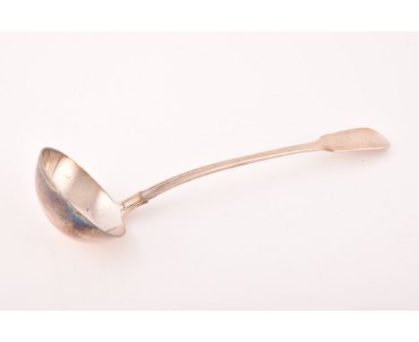 A Victorian silver soup ladle, hallmarked London 1856, indistinct maker's mark, oval bowl, fiddle pattern, engraved crest, 33