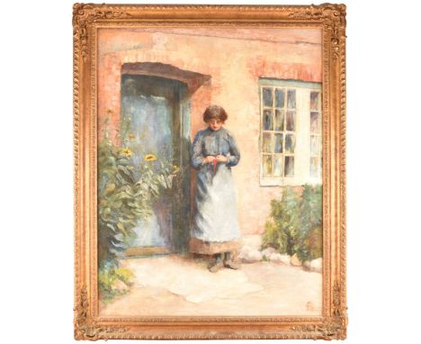 19th century English school The Red Handkerchief, a lady standing at a doorway holding a red handkerchief, sunflowers beside 