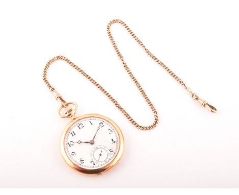 A 18 carat yellow gold slim pocket watch, the white enamel dial with Arabic numerals, and subsidiary second dial, engraved to