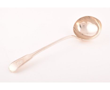 A George IV silver soup ladle, hallmarked London 1823, by Richard Poulden, with an oval bowl and fiddle pattern, 33cm long, 9