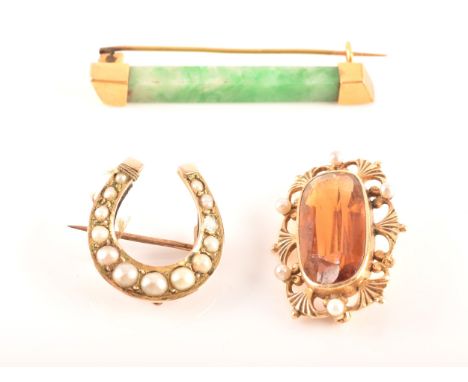 A 14ct yellow gold citrine and pearl brooch, along with a yellow metal horse shoe pearl brooch, and a yellow metal jade bar b