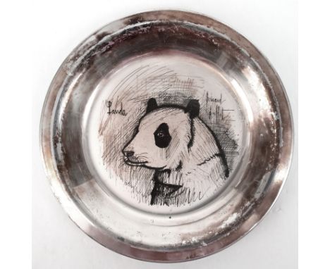 Buffet, Bernard  (1928-1999) Künstlerteller, Sterlingsilber, im Spiegel geätzte Tierdarstellung "Panda", signiert u.r., rücks