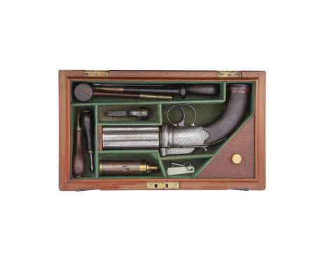 A Cased 50-Bore Percussion Six-Shot Pepperbox RevolverRetailed By Purdey, London, Mid-19th CenturyWith fluted barrels engrave