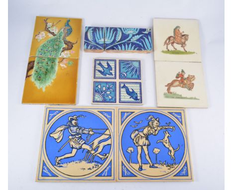 A quantity of assorted Victorian art pottery tiles; including four 8" Mintons Hollins & Co. tiles depicting humorous scenes o