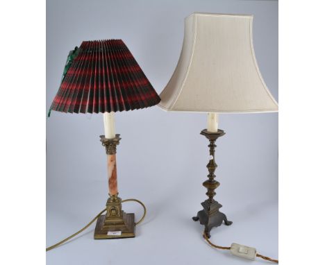 Brass and alabaster Corinthian column table lamp, complete with tartan pattern shade, 57cm; a bronzed table lamp, and a door 