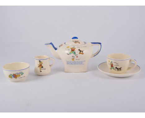 A Royal Cauldon Corona Ware 'Joey the Clown' nursery ware four-piece teaset, comprising teapot, jug, basin, four cups, saucer