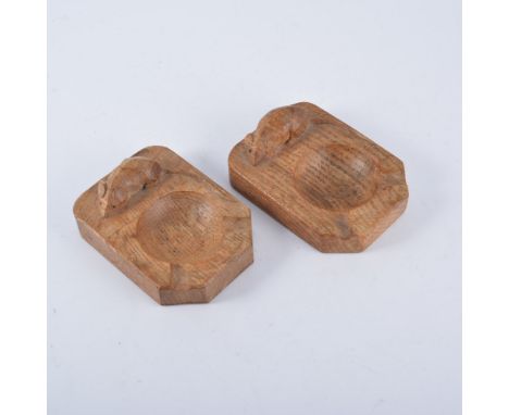 Robert "Mouseman" Thompson of Kilburn, two oak ashtrays, carved signature mice, 10cm long (2)