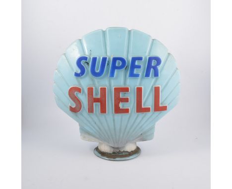 A "Super Shell" petrol pump globe, pale blue glass with red and dark blue enamelled lettering, stamped "Property of Shell - M