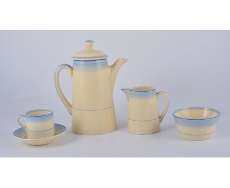 Royal Doulton, an Art Deco coffee set for six, painted with graduating blue bands, pattern number 5407, comprising coffee pot
