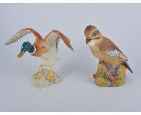 Royal Worcester bone china bird models, Pied Woodpeckers No 3363, Sparrow No 3236, Kingfisher No 3235, Jay No 3248 (large), G