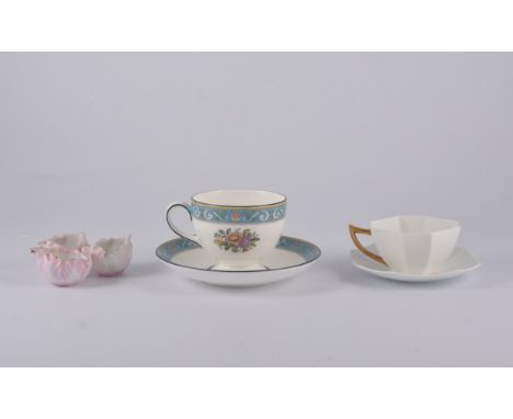 Wedgwood china tea cups with saucers, 'Runnymede' design; Foley china tea cups; and three continental porcelain leaf shaped c