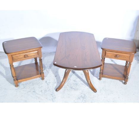 Pair of Ercol dark wood lamp/bedside tables with single frieze drawer and under-tie, 46cm wide, Ercol dark wood circular low 