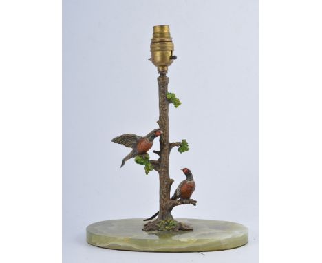 Cold painted bronzed table lamp on onyx base, decorated with pheasants.