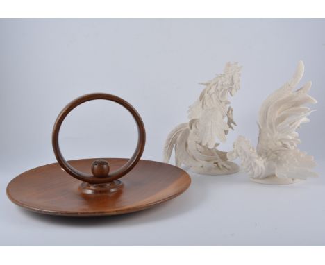 Pair of Goebel fighting cockerels, two Faience ware hens, a cake stand and sandwich plate; Japanese lustrered Bathing Belles,