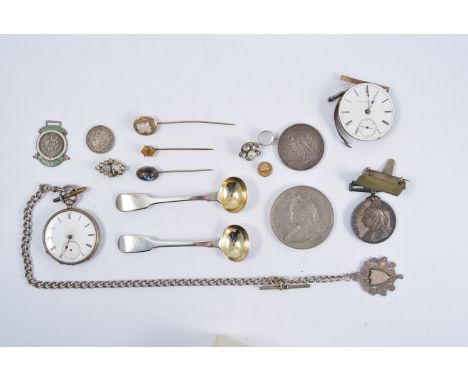 A pair of silver salt spoons, hallmarked London 1824, Victoria 1894 Crown, Victorian Long Service Medal, silver watch albert,