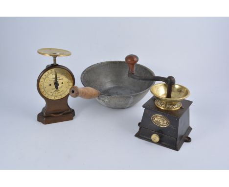 Victorian worktop coffee grinder, and a pair of balance scales, and a corn scoop. (3)