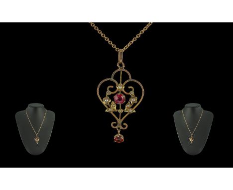Edwardian Period Attractive 9ct Gold Open-worked Gem Set Pendant 'Ruby Pearl' and attractive 9ct gold chain.  Both pendant an