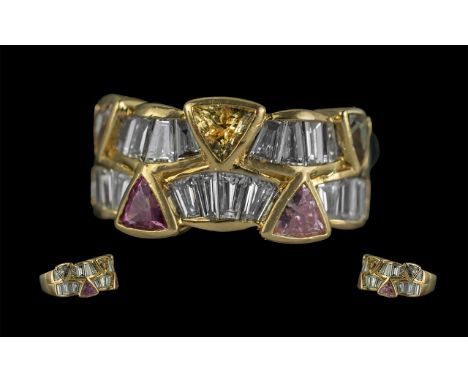 18ct Gold Designer Step-cut Diamond Set Fashion Ring, Highlighted with Triangle Cut Peridots, Citrine's, Amethysts as Spacers