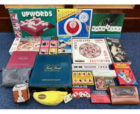 Two Boxes of Vintage Board Games, including Boggle, Bali, Space-o-Graph, Upwords, Kan-u-Go, Dominoes, travelling games set, T