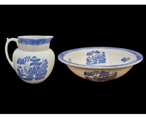 Victorian Jug & Bowl Wash Set, by Myott & Co. Willow Pattern, the large bowl with minor nicks to the edge, diameter 16", jug 