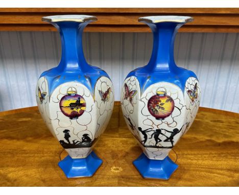 Pair of Vintage Vases, marked Roman and No. 2089 to base, cobalt blue to and base, with bulbous shape in cream and gilt, deco