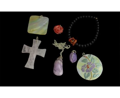 Collection of Vintage Stone Set Pendants, including Mother of Pearl square pendant, round Mother of Pearl hand-painted pendan