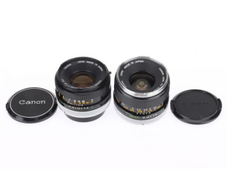 A Pair of Canon FD Camera Lenses, comprising a f/1/8 50mm S.C., black, serial number 1661950, barrel VG, optics G with very l