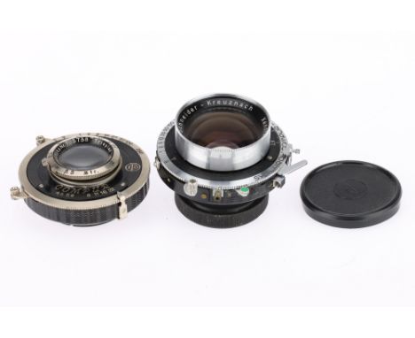 A Pair of Large Format Lenses and Shutters, comprising a Schneider-Kreuznach Xenotar f/2.8 80mm, silver, barrel G, optocs F w
