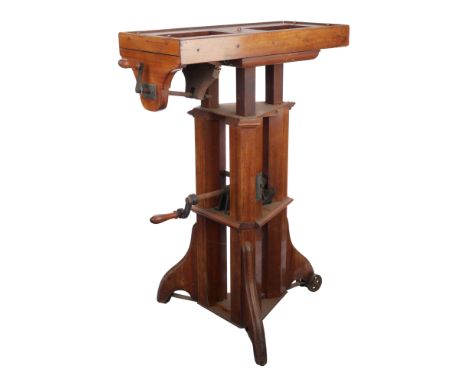 Large Polished Mahogany Gothic Studio Camera Tripod, English, c.1860, large and heavy tripod constructed of French polished m