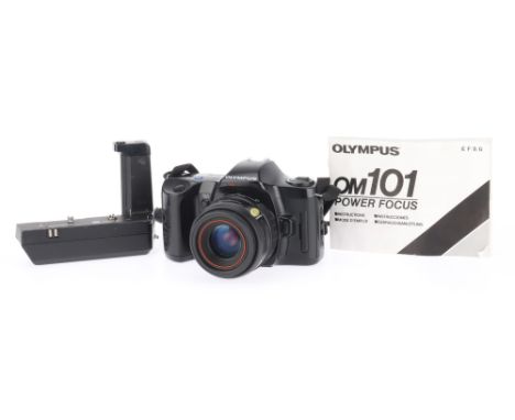 An Olympus OM101 Power Focus 35mm SLR Camera comprising a black Olympus OM101 35mm SLR camera with an Olympus Zoom f/3.5-4.5 