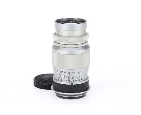 A Letz-Wetzlar Elmar f/4 9cm Lens, silver, serial number 1286210, barrel G, optics F with heavy haze, screw mount, with front