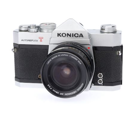 A Konica Autoreflex T 35mm SLR Camera, silver, serial number 347075, body F-G, shutter works, light meter not tested, evidenc