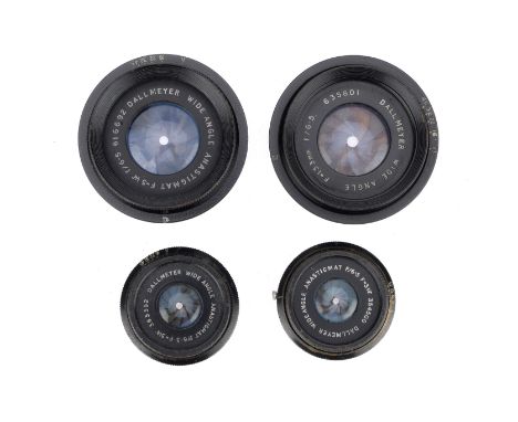 A Selection of Dallmeyer Large Format Lenses, comprising a wide-angle anastigmat f6.5 3¼ inch, serial number 365552, barrel F