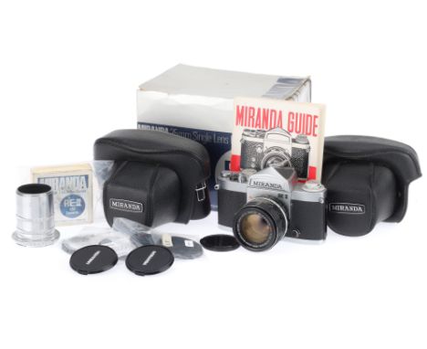 A Miranda RE-II 35mm SLR Camera, silver, serial number 5835670, shutter works, meter working, with a auto Miranda f/1.4 50mm 