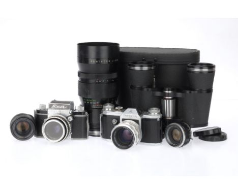 A Pair of 35mm SLR Cameras, to include a Pentacon FM, black, body G, shutter curtains need attention, advances, attempts to f