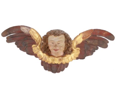17th Century Polychrome Winged Cherub In, German, 17th Century, The Manner of Hans Krumpper, polychrome cherub head and wings