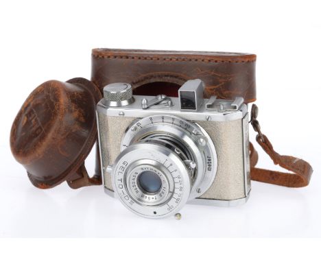 A Silver Gelto D III Medium Format Viewfinder Camera, silver, body G, shutter blades slow to operate, optics F with heavy haz