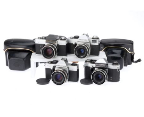 A Selection of Praktica 35mm Cameras, comprising a Praktica LB, body F, shutter works, with Carl Zeiss Jena f/2.8 50mm lens, 