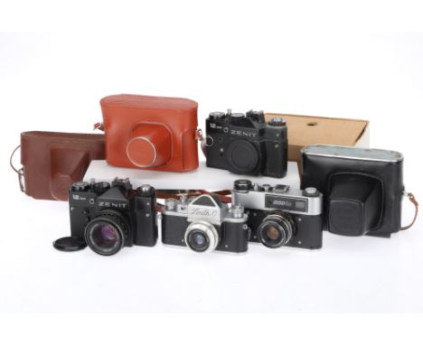 A Selection of Russian SLR Cameras, comprising a FED 5B, body VG, rangefinder hard to see, shutter works at all speeds, but d