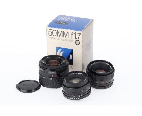 A Group of Yashica 35mm Camera Lenses comprising a boxed Yashica ML f/1.7 50mm lens and a ML f/2 50mm lens, both for Yashica/