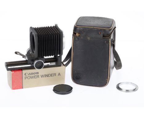 A Canon Bellows R, black, bellows extend and appear in good condition, not light tested, with a screw mount adaptor, in a sem