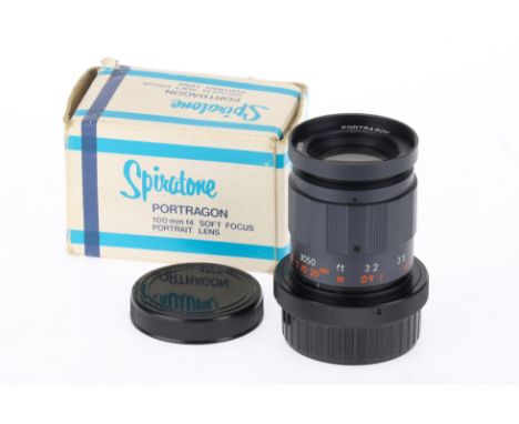 A Spiraton Portragon f/4 100mm Soft-Focus Lens, black, barrel VG, optics G, with light peripheral haze, in maker's box with i